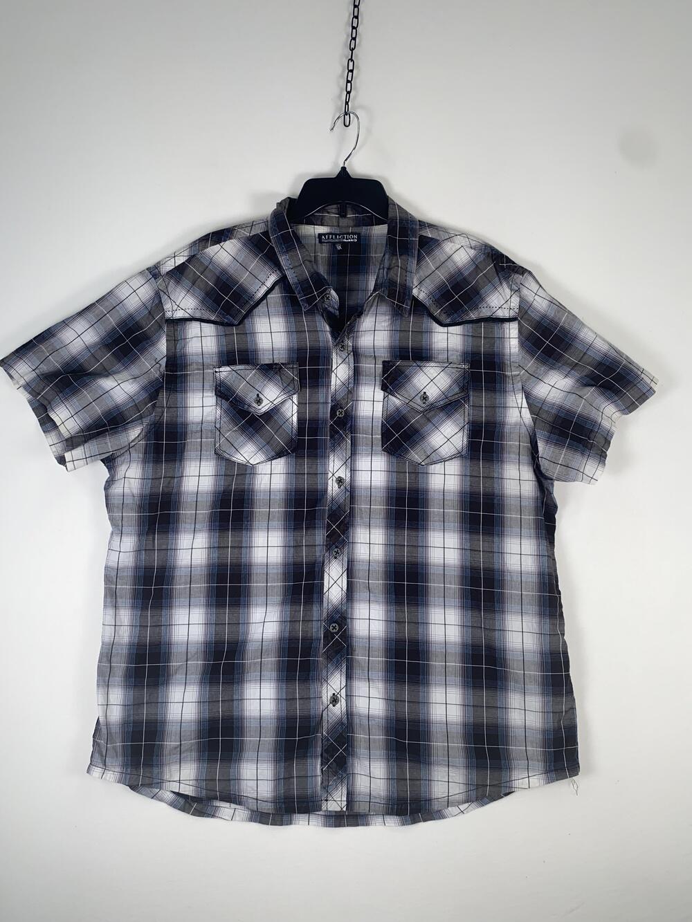 Affliction Shirt Mens 2XL Gray Plaid Short Sleeve Western Snap Embroidered Back